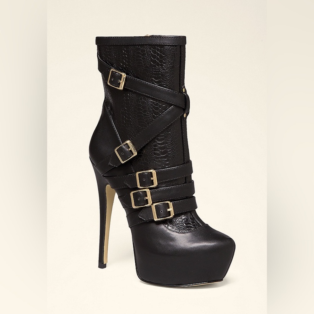 BEBE Black Strappy Platform Stiletto Booties Size 8